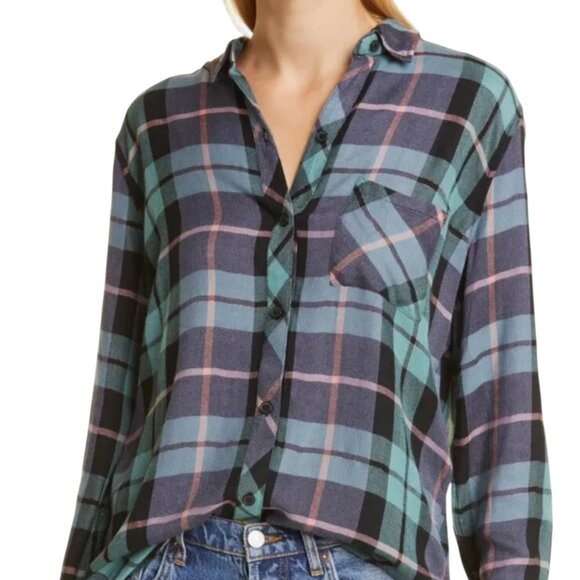 Rails Hunter Plaid Flannel Shirt Teal Navy Pink Gold Lurex Medium - Picture 2 of 11